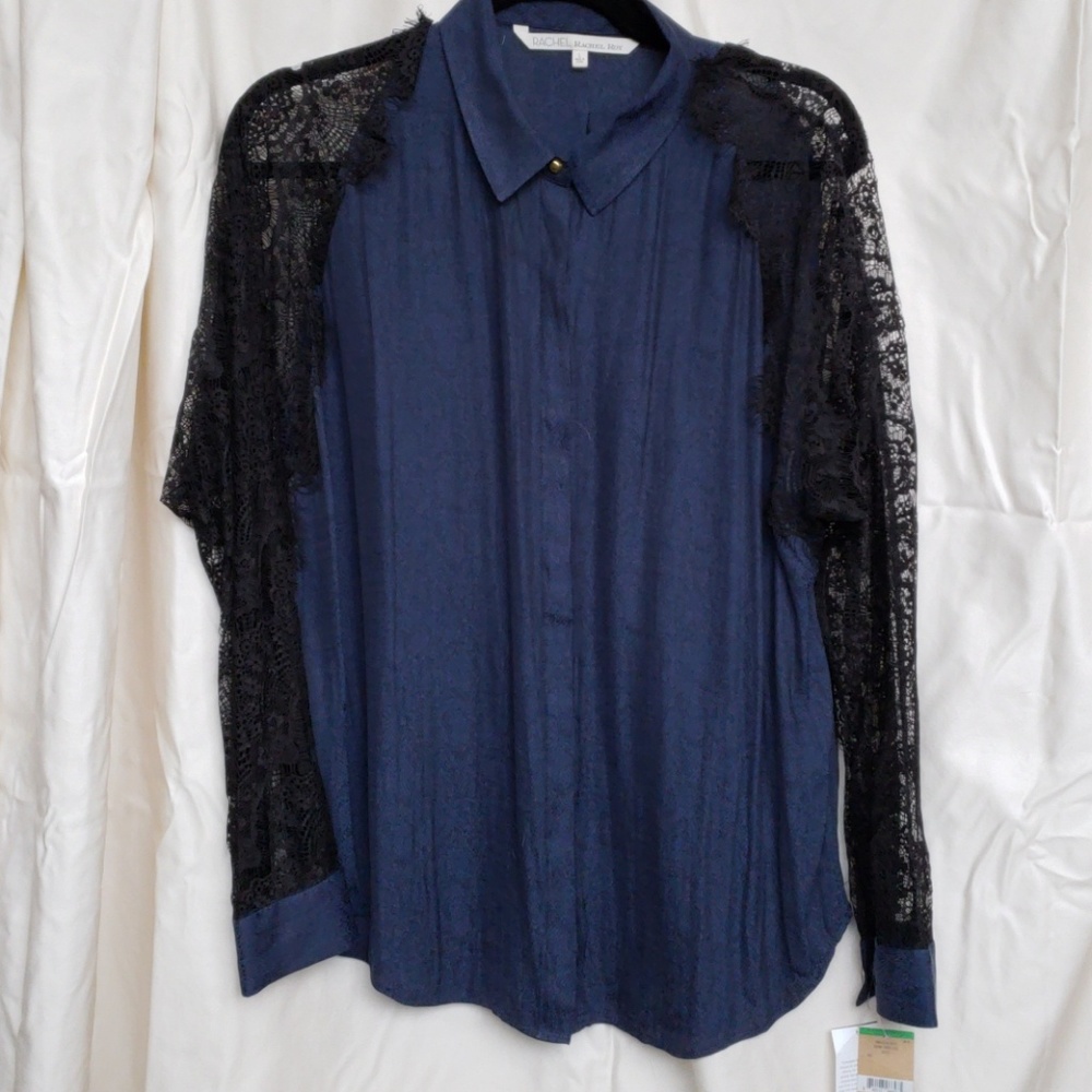 Rachel Roy Blue Blouse with Black Lace Sleeves